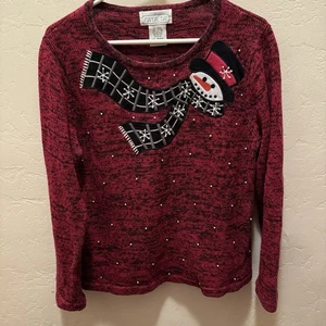 Vtg Mandal Bay Womens Sweater Red Snowman Scarf Holiday Christmas Pearls Size M - Picture 1 of 8