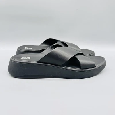 Босоножки женские FitFlop 10 черные кожаные Lulu крест-накрест ремень слайд-платформа - Изображение 1 из 4