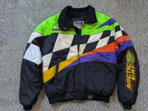 vintage ARCTIC CAT snowmobile jacket L coat RACING black lime 1990s checkered - Picture 1 of 11