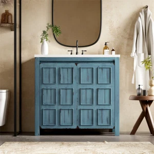 36" Retro Blue Bathroom Vanity Cabinet with Sink Combo Set w/Soft Closing Door - Picture 1 of 19
