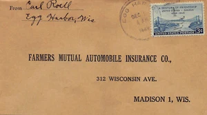 Wisconsin Cover 1948 EGG HARBOR to Farmers Mutual Auto Ins Madison ~Roehl - Picture 1 of 3