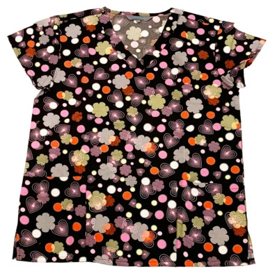Womens Microfiber Medical Scrub Tops Black Base Loop Hearts Strip Leaves 2X - Image 1 of 2