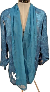 Vintage Victoria's Secret Gold Label Aqua Floral Burnout Robe Pockets No Belt - Picture 1 of 6
