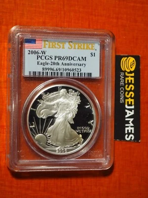 2006 W Prueba Silver Eagle PCGS PR69 DCAM PRIMER GOLPE DEL CONJUNTO DEL 20 ANIVERSARIO Foto 1 de 2