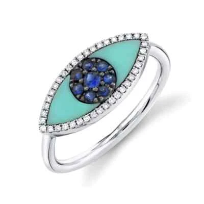 14K Weiss Gold Türkis Blau Saphir Diamant Teufelsauge Ring 0.71 Karat - Bild 1 von 4