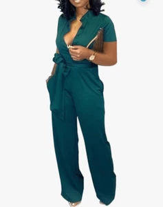NEW Jumpsuit Casual Stand Collar Button Down Long Pants L NO BELT - Picture 1 of 5