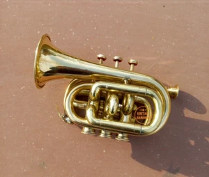 Vintage Brass Trumpet Bb Pocket Trumpet 3 Valve Mouthpiece Replica - Picture 1 of 12
