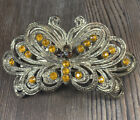 Vintage Hair Barrette  Clip Butterfly Gold Tone Amber Color Rhinestones 3.75?