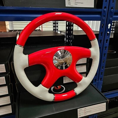 VOLANTE RAPTOR 15" CUERO BLANCO ROJO MADERA Foto 1 de 4