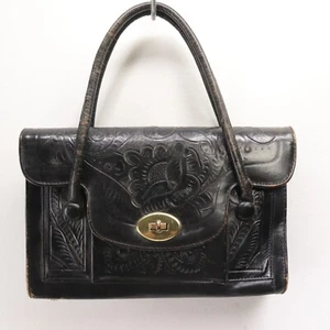 Borsa a mano vintage messicana Gaitan in pelle nera lavorata 5 scomparti tasche - Foto 1 di 20