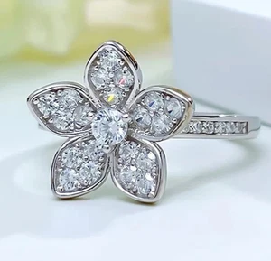 1.3 Ct Round Cut Lab-Created Diamond Flower Wedding Ring 14K White Gold Filled - Picture 1 of 6
