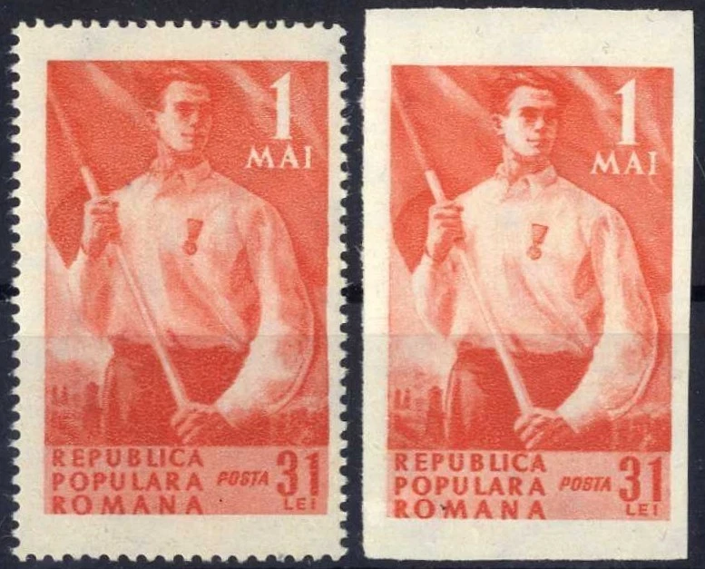 Rumania 1950 perforado + perforado, Día del Trabajo, 1 de mayo, bandera, trabajadores MNH, OG y Foto 1 de 1