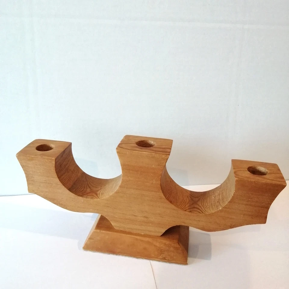 Vintage Mid Century Swedish Scandi Style Solid Pine Candleabra Candlestick 3 Arm - Image 1 of 4