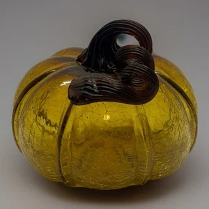Blown Crackle Glass Amber Gold Pumpkin w/ Curly Stem Decorative - Picture 1 of 7