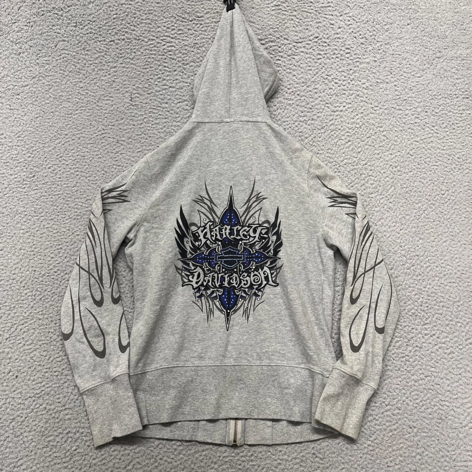 Sudadera con Capucha Harley Davidson Mujer M Gris Llamas Cremallera Completa Y2K Estrás Motocicleta Foto 1 de 4