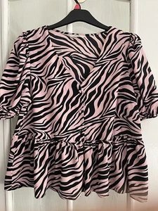 BNWOT Womens George Pink Black Zebra Animal Print Top Blouse Peplum Puff Size 18 - Picture 1 of 9