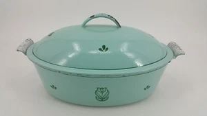 Vintage DRU 35 Holland Green Tulip Enameled Cast Iron Oval Dutch Oven Pot w/ Lid - Picture 1 of 21