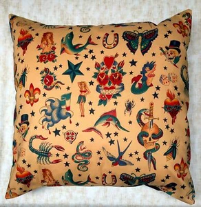 Tattoo Tea Party Cushion Cover Decorative Case fits 18" x 18" Skull Halloween - Picture 1 of 2