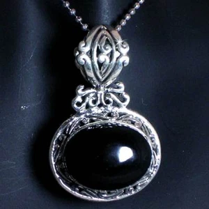 VICTORIAN OVAL ONYX FILIGREE PENDANT_w/CHAIN_925 STERLING SILVER - Picture 1 of 10