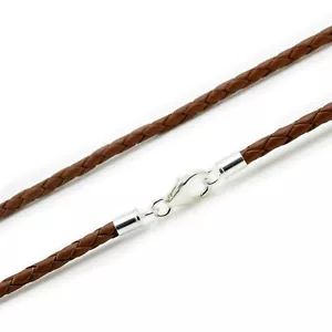 Brown Leather Necklace 925 Sterling Silver Clasp Light Brown-Braided Mens/Ladies - Picture 1 of 7