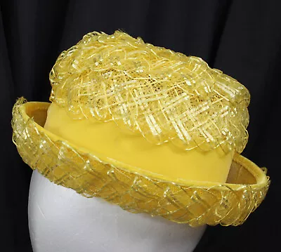 Vtg Cloche Bowler Hat Woven Velvet Trim Bucket Bright Yellow Bucket Round Perky - Image 1 of 4