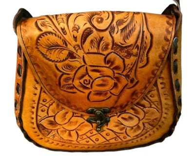 Bolso de mano vintage de cuero floral marrón hecho a mano bolso hippie occidental BoHo Foto 1 de 4