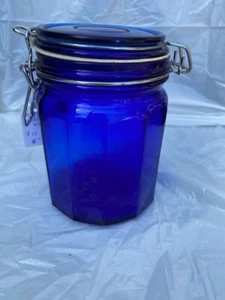 Vintage Glass Jar 12 Panel Storage Canister Cobalt Blue Wire Bale Hinged Lid 6” - Picture 1 of 5