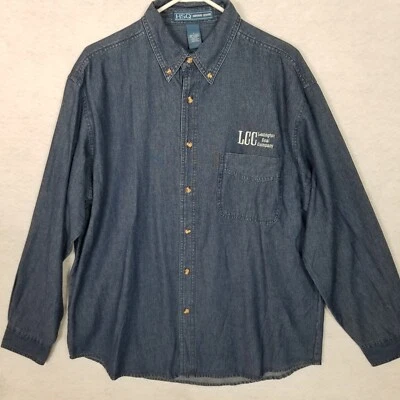 HARVARD SQUARE Lexington Coal Logo Button Up Long Sleeve Shirt Chambray Blue L - Image 1 of 4