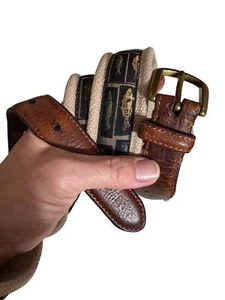 Vintage Fish Pattern Leather & Canvas Belt Brass Buckle 42/105 Men's Gorpcore - Picture 1 of 8