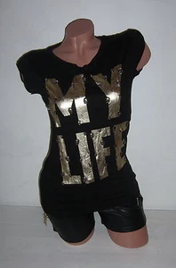 Designer Shirt T-Shirt MY LIFE Nieten Skull Top Totenkopf Elasthan S M L NEU - Bild 1 von 10