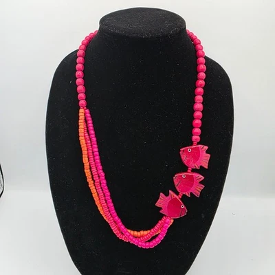 Womens Multi Strand Hot Pink Wooden Beaded Fish Round Necklace Boho Beach 25" - Image 1 of 4