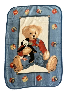 Blue Jean Teddy Bear Plush Fleece Baby Blanket Throw Panda Blocks VTG RARE HTF - Picture 1 of 10