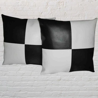 BLACK & WHITE Leather Square Pillow Cover Real Sheepskin Living Room & Bedroom - Image 1 of 2