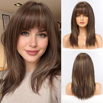 Synthetic Hair Cosplay Wig With Bangs Mixed Brown Layered Straight Halloween - Image 1 of 4