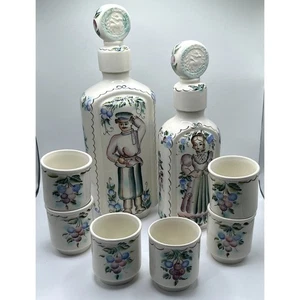 VTG Russian Painted Pottery 2 Decanter Set 6 Matching Cups Vineyard Scene - Picture 1 of 15