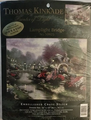 Thomas Kinkade Lamplight Bridge 16x12" embellished Cross Stitch kit 50925 NEW - Image 1 of 4