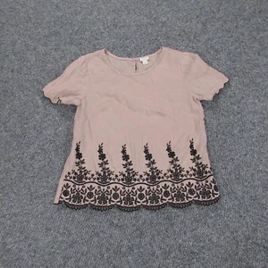 J.CREW Shirt Womens ' 2 Beige Black Embroidered Linen Short Sleeve Pullover - Bild 1 von 19