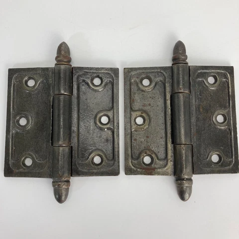 Antique Door Hinges 3.5" w Acorn Steeple Pins 2 Matching Iron Plain Smooth Gray Cover