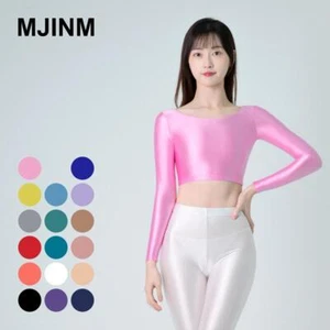 MJINM Damen Oil Shiny Stretch Crop Top Glossy Langarm Sport Gym T-Shirt - Bild 1 von 37