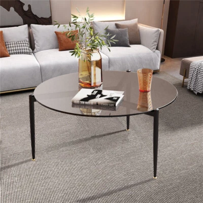 Mesa de centro redonda con tapa de vidrio de arte moderno de 2 tamaños sofá mesas laterales Foto 1 de 4
