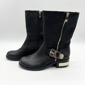 Vince Camuto Wex Belted Midcalf Moto Leather Boots Side Zip Black Gold Size 7 - Picture 1 of 9