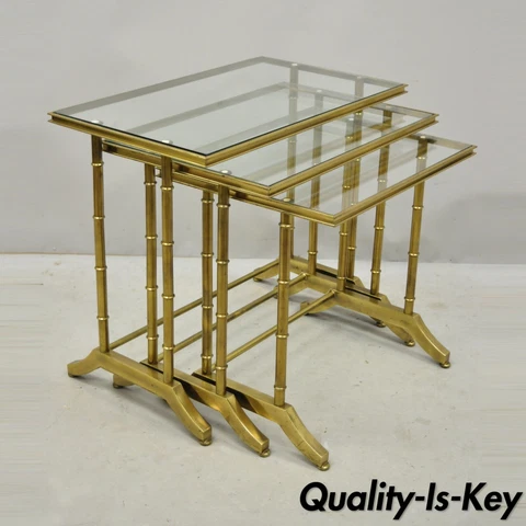 3 Brass Faux Bamboo Glass Top Nesting Side Tables Attributed to Mastercraft Cover