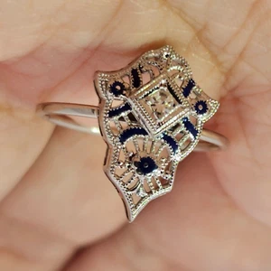 Antique 14K White Gold & Blue Enamel Diamond Filigree Shield Ring Art Deco Estat - Picture 1 of 5