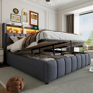 Polsterbett Doppelbett 180x200 Kopfteil mit Stauraum, LED-Licht & USB Laden Grau - Bild 1 von 10