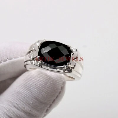 Anello In Argento Sterling 925 Con Gemma In Onice Nero Naturale Per Uomo #5088 - Immagine 1 di 4