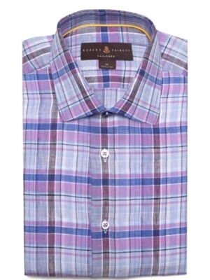 Robert Talbott CRESPI IV Tailored 100% Linen Blue Pink Plaid Sport Shirt Large - Image 1 of 2