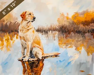 Labrador Retriever dog painting by a serene lake with re 8x10 Print - Picture 1 of 1
