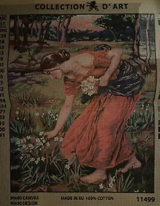Printed needlepoint canvas Girl Picking Wild Flowers Canvas Only 50x60 Rto - Picture 1 of 1