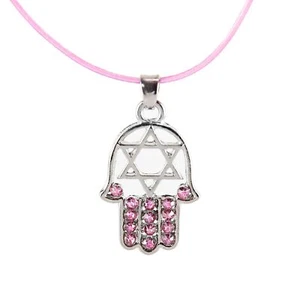Pink HAMSA "Star of David" Necklace Crystals silver Tone Amulet Pendant Jewish - Picture 1 of 12
