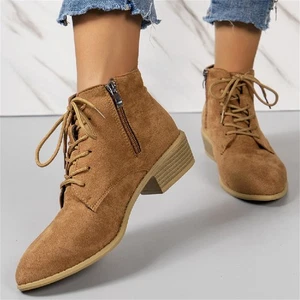 Stivaletti donna colore soild tacco a blocco punta mandorla zip laterale scarpe stringate - Foto 1 di 13